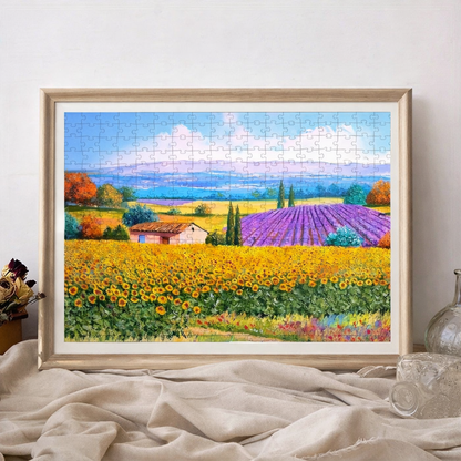 Framed 500-piece Pastoral Scenery jigsaw puzzle displayed as vibrant wall decor.