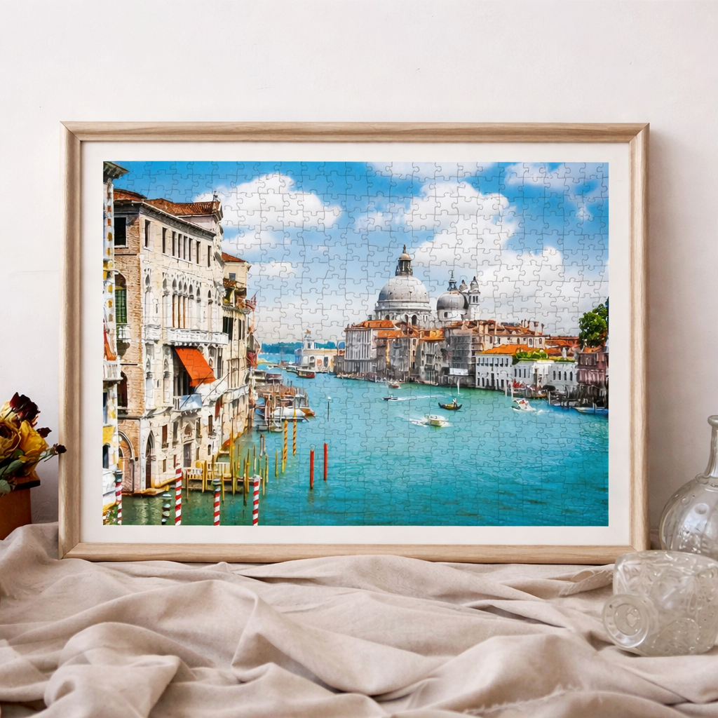 Framed 500-piece Santa Maria Canal scenic jigsaw puzzle displayed as wall decor.