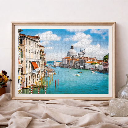 Framed 500-piece Santa Maria Canal scenic jigsaw puzzle displayed as wall decor.