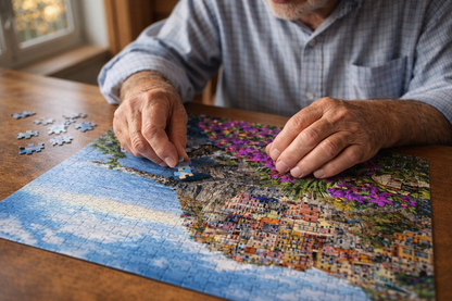 Senior man working on a 500-piece scenic landscape jigsaw puzzle.