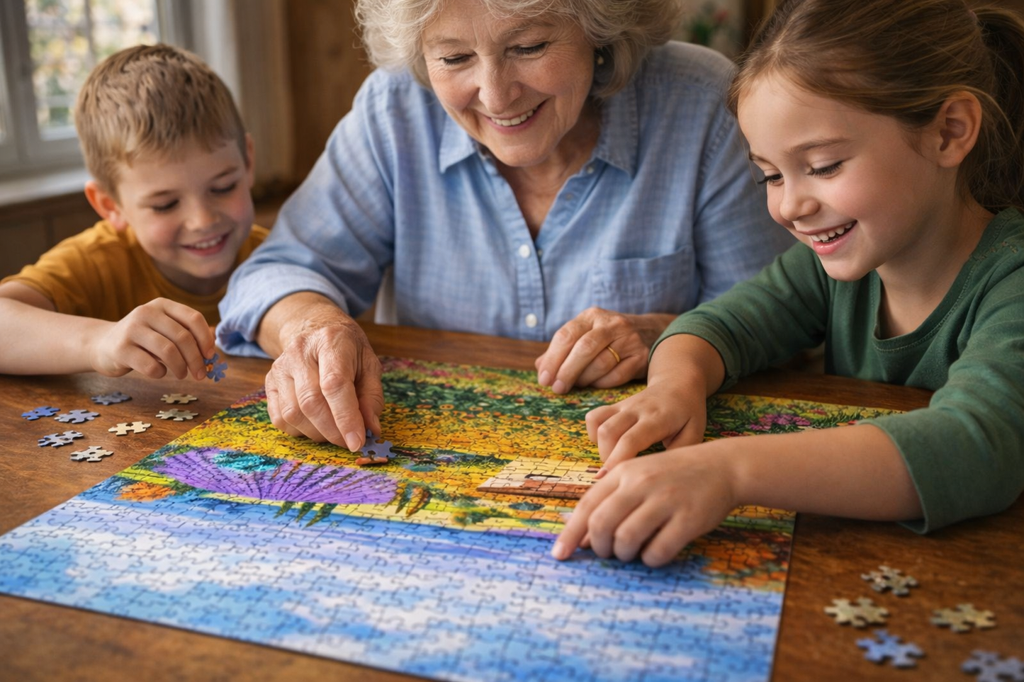 Grandmother and children working together on a 500-piece scenic jigsaw puzzle.