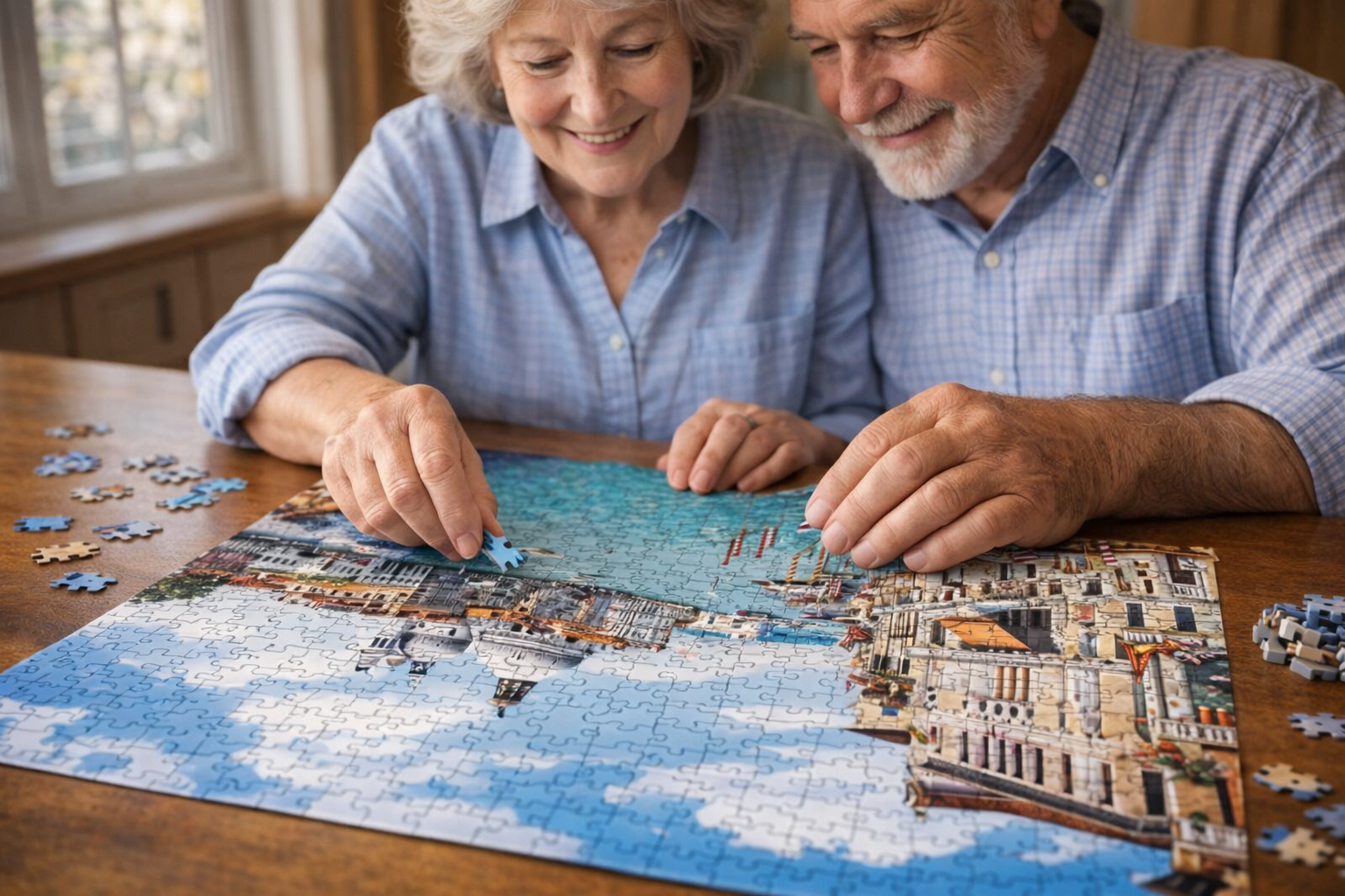 Senior couple focusing on a 500-piece jigsaw puzzle as a relaxing indoor hobby.
