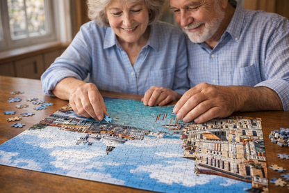 Senior couple focusing on a 500-piece jigsaw puzzle as a relaxing indoor hobby.