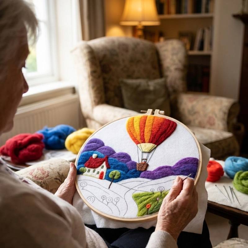 A senior woman enjoying the relaxing process of needle felting a colorful landscape.