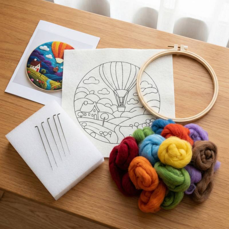 Complete needle felting kit accessories including soft wool, needles, and landscape pattern.