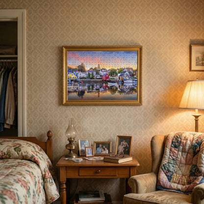 The completed Scenic World Traveler harbor scene puzzle framed and hanging as wall art in a bedroom.