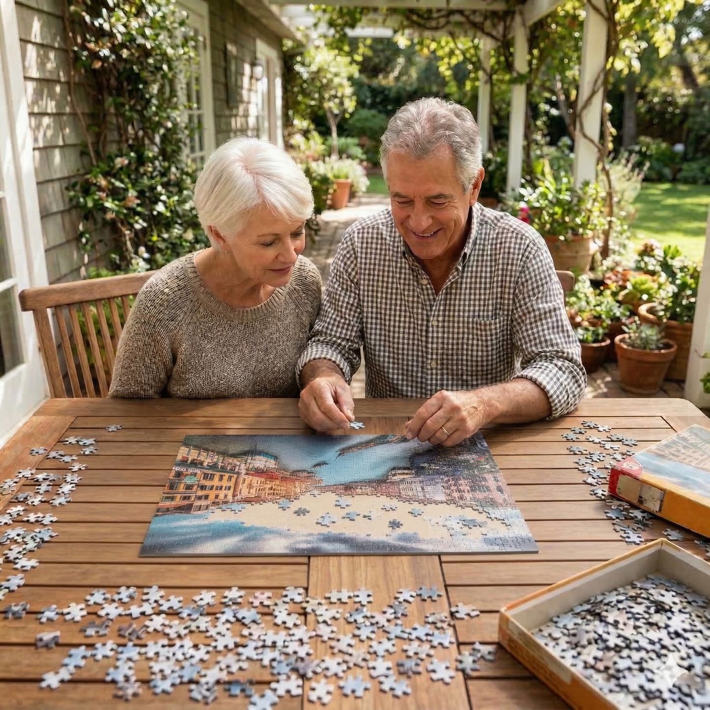An elderly couple enjoyably assembling the Scenic World Traveler jigsaw puzzle on an outdoor patio table.
