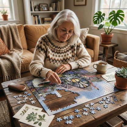 A senior woman sitting in a cozy living room working on a 500-piece puzzle spread out on a coffee table.