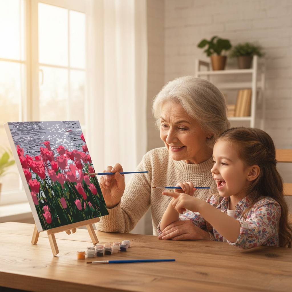 grandmother and child painting together using paint by numbers art kit