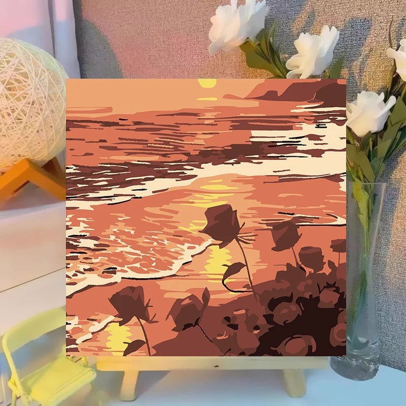 golden amber sunset landscape paint by numbers painting with glowing horizon