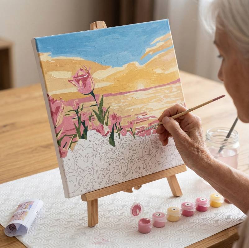 senior woman enjoying coloring by number sunset landscape painting kit on tabletop easel