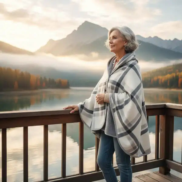 senior woman relaxing on a balcony with a scenic mountain view wearing a cozy gray plaid travel wrap