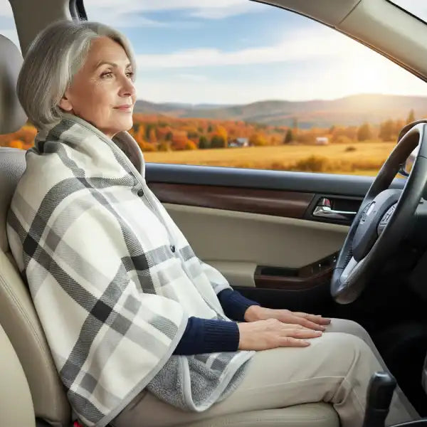 senior female passenger using a light gray plaid wearable blanket scarf for warmth during a car trip