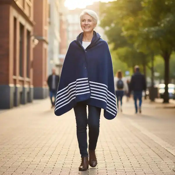 senior woman walking comfortably outdoors wearing a navy blue tartan wearable blanket wrap
