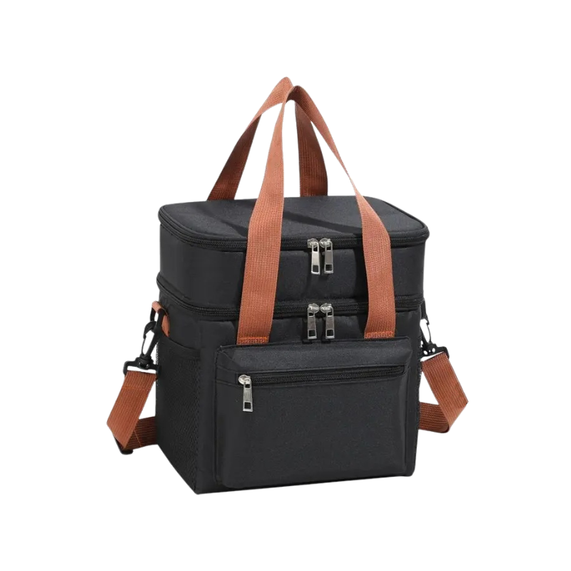 Black cooler bag with brown handles and straps on a white background