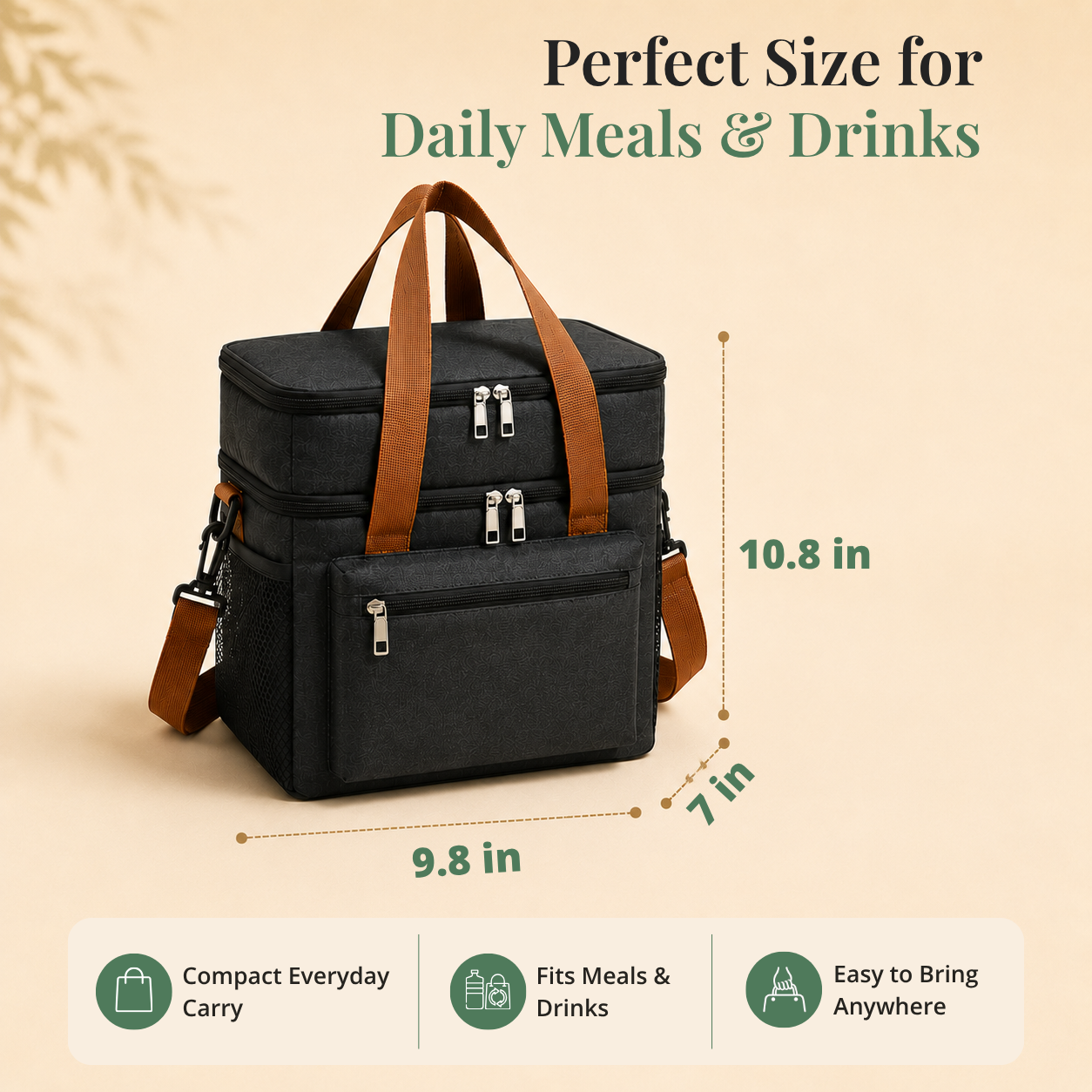 Black insulated lunch bag with brown handles and straps  featuring dimensions and features text.