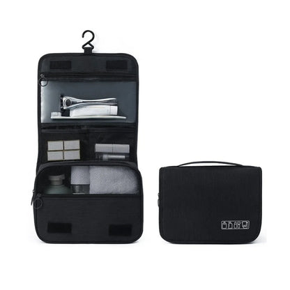 full view of the black hanging toiletry bag both folded and hanging to show versatility
