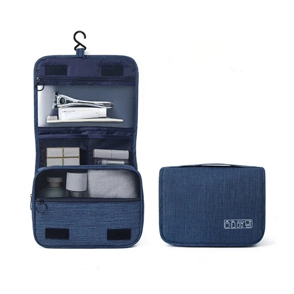 navy blue hanging travel toiletry bag with a built-in hook for convenient bathroom storage
