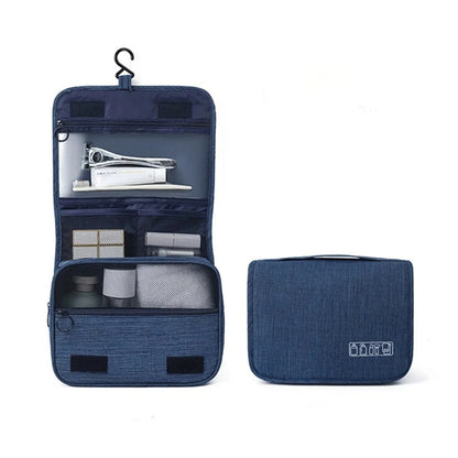 navy blue hanging travel toiletry bag with a built-in hook for convenient bathroom storage