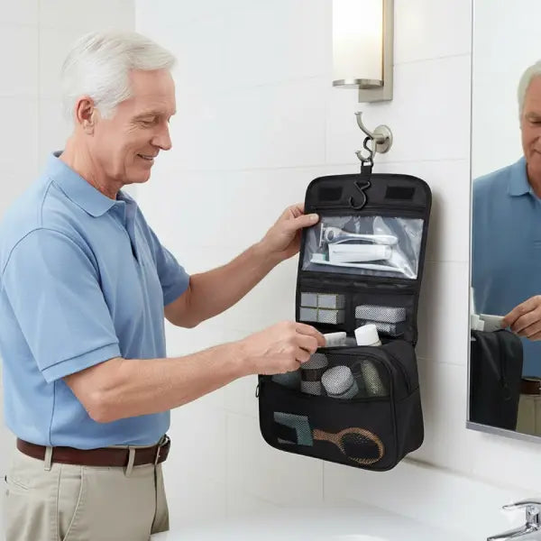 senior man using a hanging travel toiletry bag in a bathroom for easy access to grooming essentials