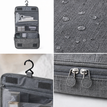 close-up of the water-resistant fabric, sturdy hook, and high-quality zippers of the travel bag