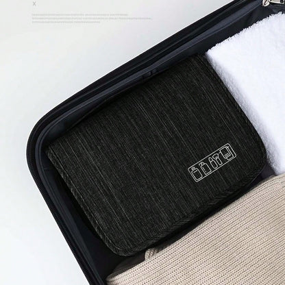 compact black toiletry bag organizer tucked into a suitcase for efficient travel packing