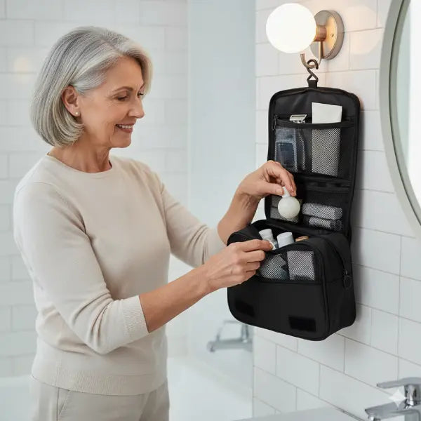 senior woman reaching for items in a hanging toiletry bag organizer during her morning routine
