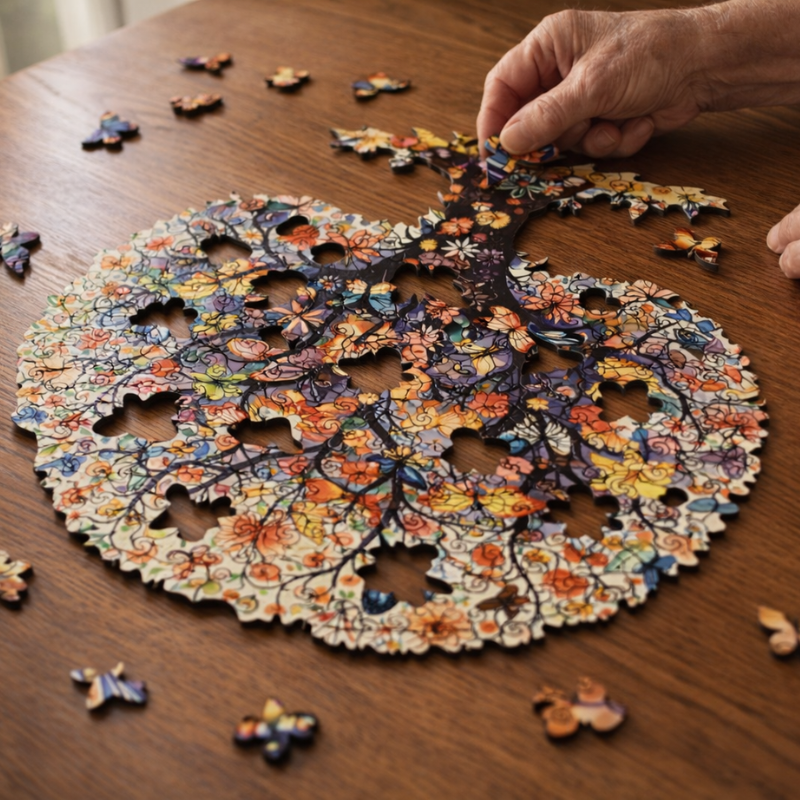 Close-up of hands assembling the butterfly-shaped pieces of the Tree of Life wooden jigsaw puzzle.