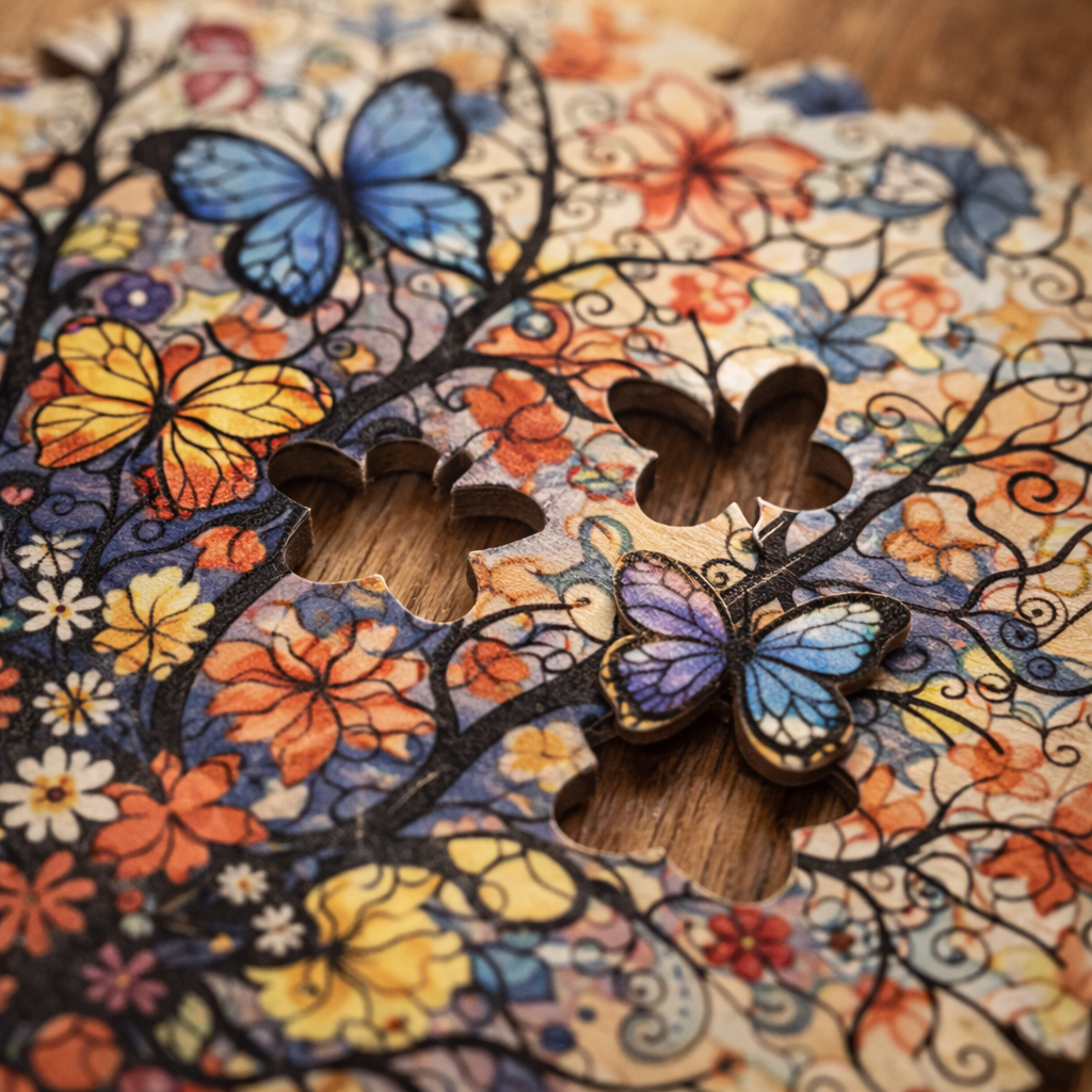 High-detail shot showing unique butterfly and flower-shaped pieces of the wooden puzzle.