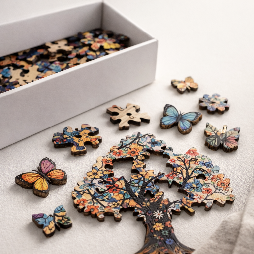 The Tree of Life wooden puzzle pieces displayed with their premium white storage box.