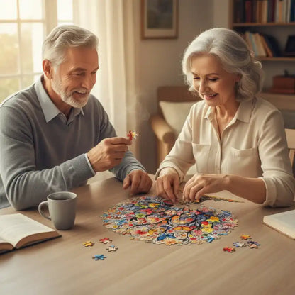 A senior couple enjoying a relaxing afternoon solving the Tree of Life wooden puzzle together.