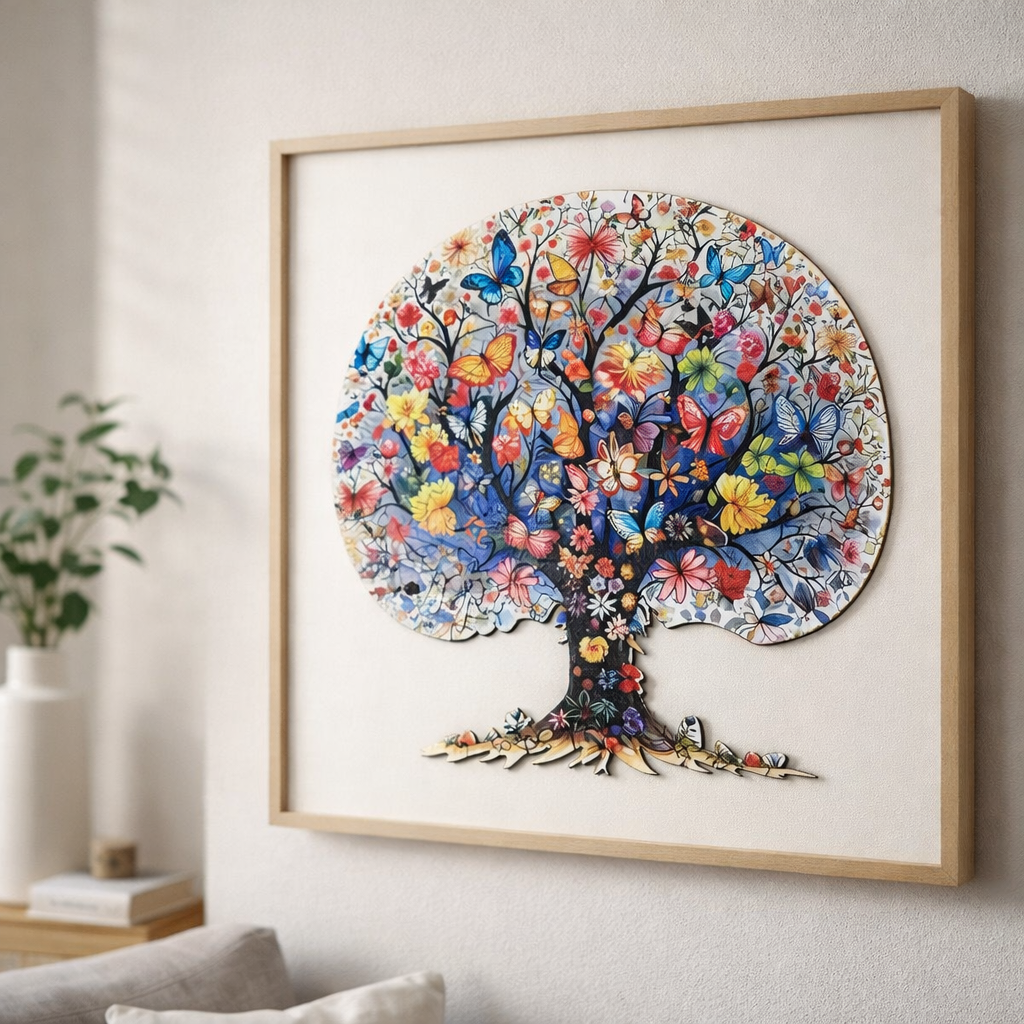 The finished Tree of Life wooden puzzle framed and displayed as vibrant wall art in a home.