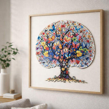 The finished Tree of Life wooden puzzle framed and displayed as vibrant wall art in a home.