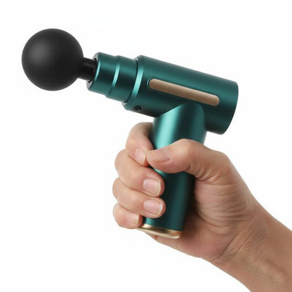Close-up of a hand holding the ergonomic green massage gun, highlighting its lightweight and portable design.