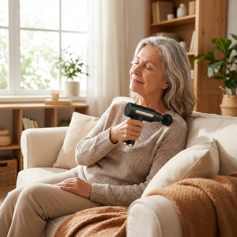 A senior woman using the quiet-motion handheld massage gun for relaxing shoulder therapy at home.