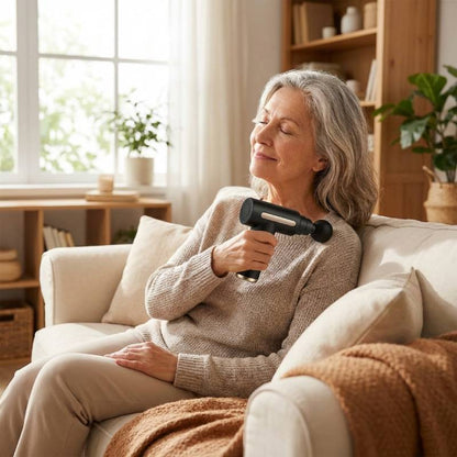 A senior woman using the quiet-motion handheld massage gun for relaxing shoulder therapy at home.