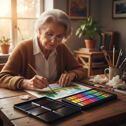 senior woman enjoying watercolor painting at home using a portable 36-color creative artist kit