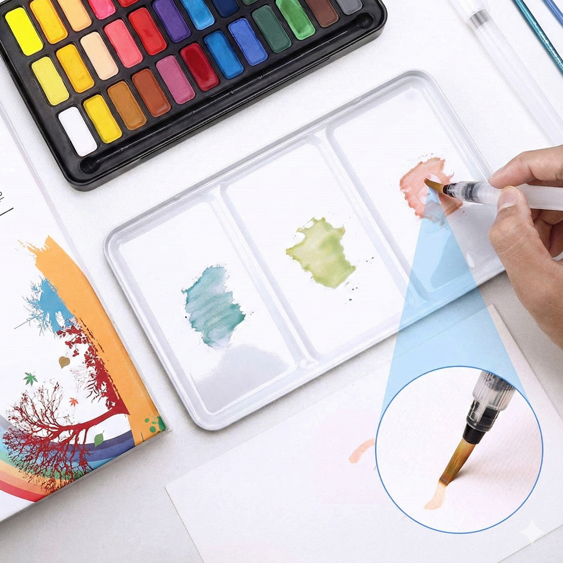 senior artist mixing watercolor paints in the built-in palette lid of the portable travel kit
