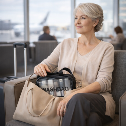 senior female traveler holding a transparent toiletry organizer bag while waiting in an airport terminal