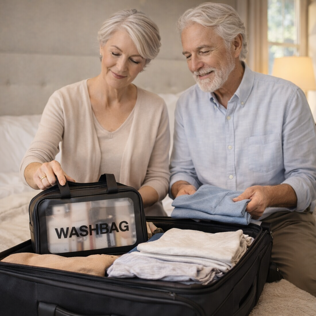 senior couple placing a clear washbag into a suitcase for organized holiday travel packing