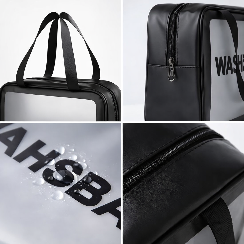 collage showing durable zippers and waterproof material of the travel toiletry pouch bag