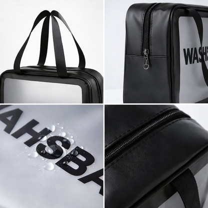 collage showing durable zippers and waterproof material of the travel toiletry pouch bag