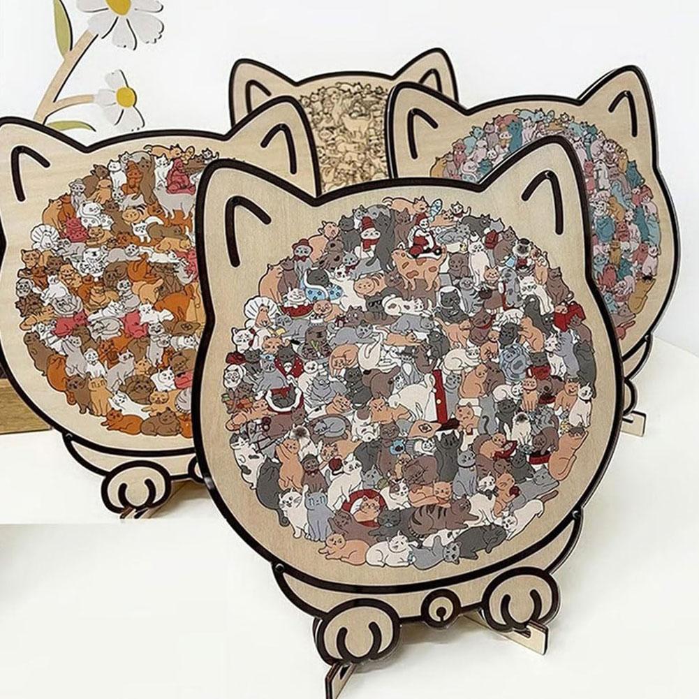 The wooden cat puzzle frame with its stand, ready to be assembled or displayed.