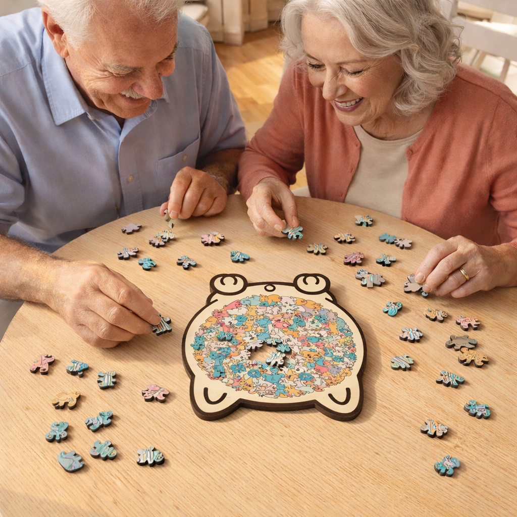 A senior couple enjoying a relaxing indoor activity assembling the wooden cat collage jigsaw puzzle.