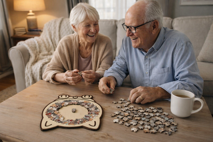 Senior couple bonding over a challenging wooden cat-shaped puzzle on their wooden coffee table.
