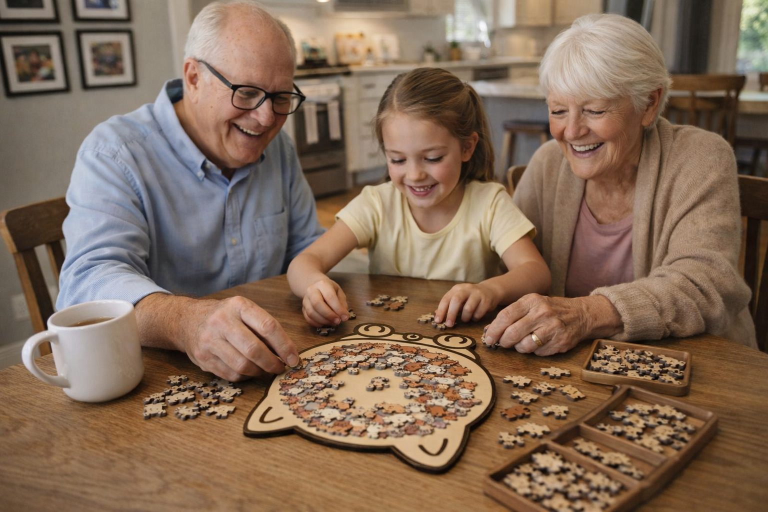 Grandparents and a child working together on the wooden cat jigsaw puzzle, perfect for family bonding.