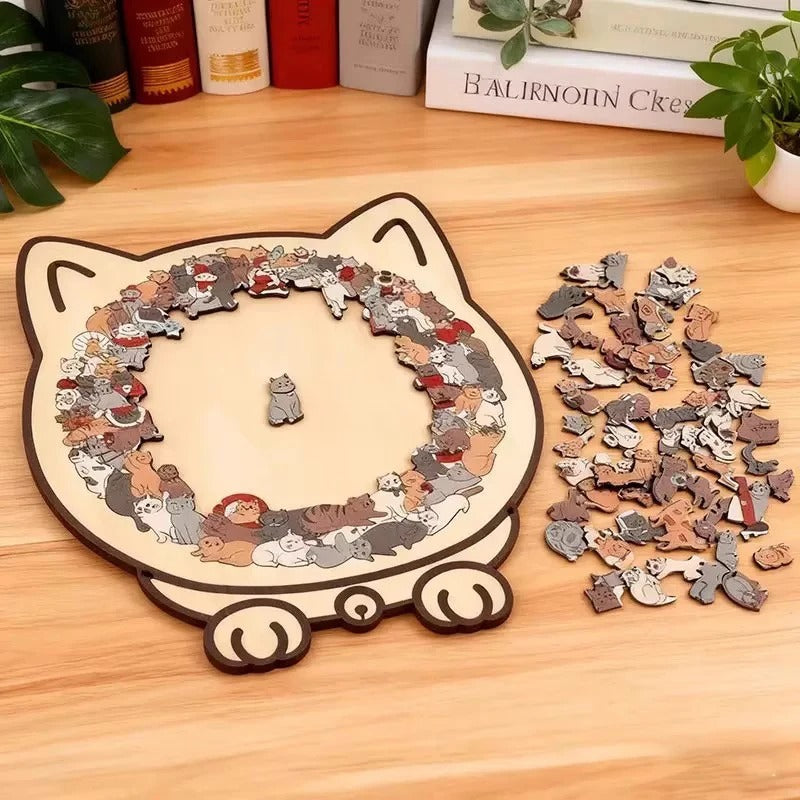Cat-shaped puzzle with pieces on a wooden surface