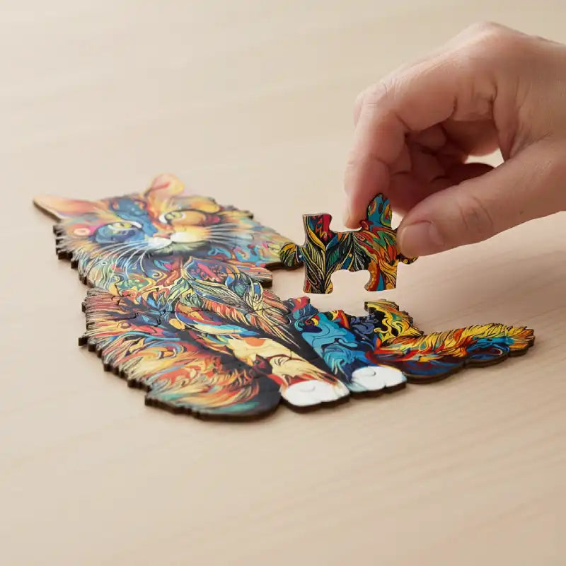 Close-up of hands placing a unique animal-shaped piece into the wooden cat artisan puzzle.