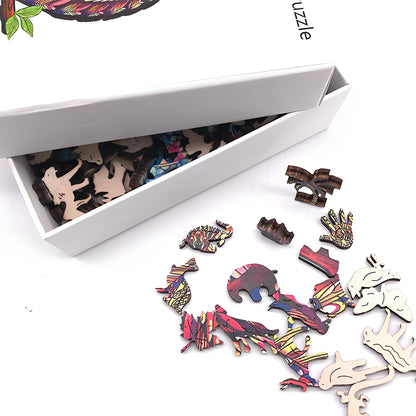 The artisan wooden cat puzzle pieces displayed with their clean white storage box packaging.