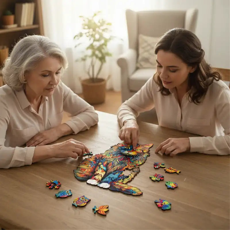 Two women enjoying a relaxing mental activity assembling the colorful artisan wooden cat puzzle.
